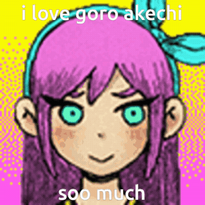 A Drawing Of A Girl With Purple Hair And Green Eyes With The Words I Love Goro Akchi Soo Much GIF