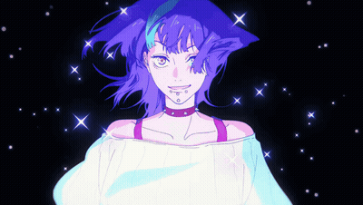 A Drawing Of A Girl With Purple Hair And Stars Around Her GIF