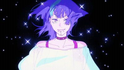 A Drawing Of A Girl With Purple Hair And Stars Around Her GIF