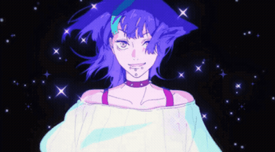 A Drawing Of A Girl With Purple Hair And Stars In The Background GIF