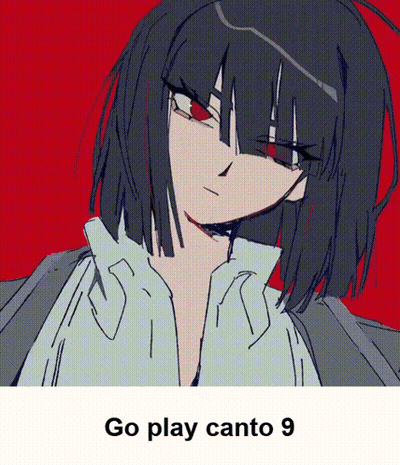 A Drawing Of A Girl With Red Eyes And The Words Go Play Canto 9 Below It GIF