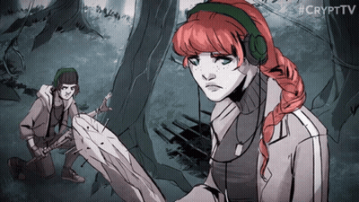 A Drawing Of A Girl With Red Hair And Headphones With #Crypttv In The Upper Right Corner GIF