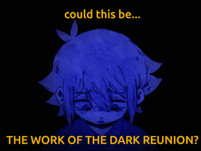 A Drawing Of A Girl With The Words Could This Be The Work Of The Dark Reunion GIF