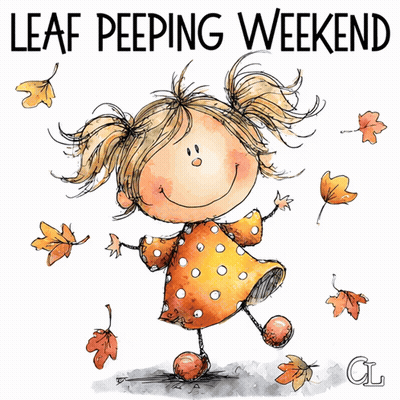 A Drawing Of A Girl With The Words Leaf Peeping Weekend GIF