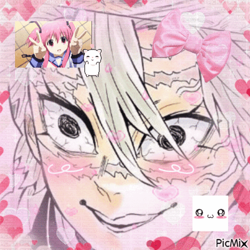 A Drawing Of A Girl With White Hair And A Pink Bow On Her Head GIF
