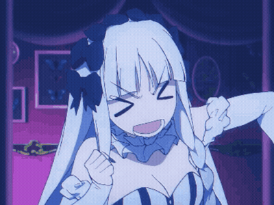 A Drawing Of A Girl With White Hair And Blue Bows On Her Head GIF