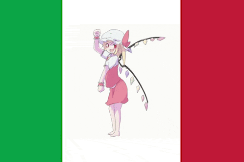 A Drawing Of A Girl With Wings Standing In Front Of A Green And Red Flag GIF