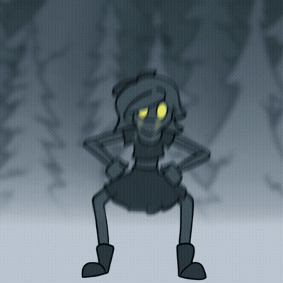 A Drawing Of A Girl With Yellow Eyes Standing In A Forest GIF