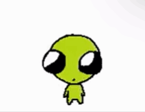 A Drawing Of A Green Alien With Big Black Eyes GIF