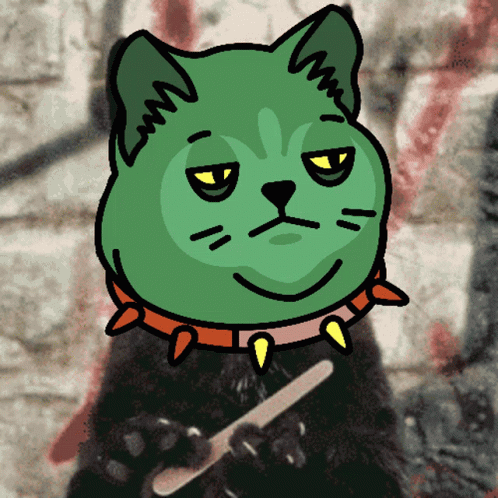 A Drawing Of A Green Cat Wearing A Spiked Collar GIF