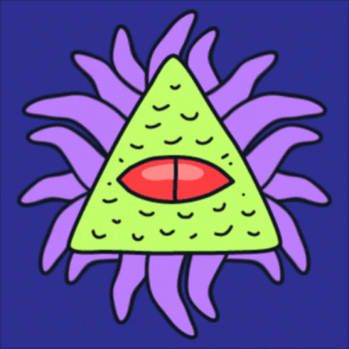 A Drawing Of A Green Triangle With A Red Eye And Purple Tentacles GIF