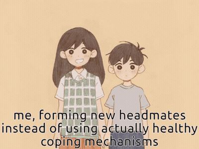A Drawing Of A Group Of Children With The Caption " Me Forming New Headmates Instead Of Using Actually Healthy Coping Me GIF