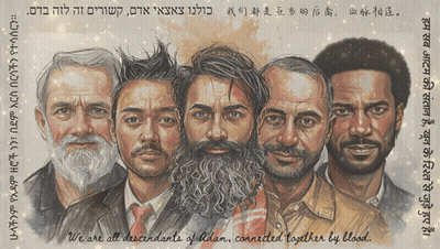 A Drawing Of A Group Of Men With The Words " We Are All Descendants Of Adam Connected Together By Blood " GIF