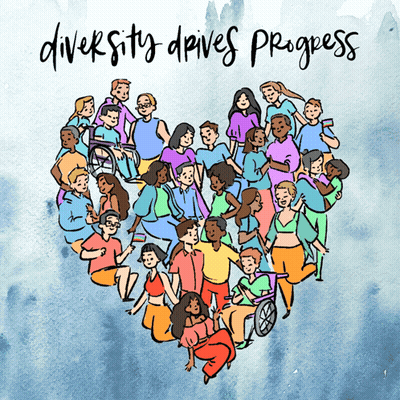 A Drawing Of A Group Of People With The Words " Diversity Drives Progress " Below Them GIF