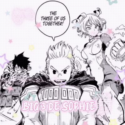A Drawing Of A Group Of People With The Words " The Three Of Us Together " Above Them GIF