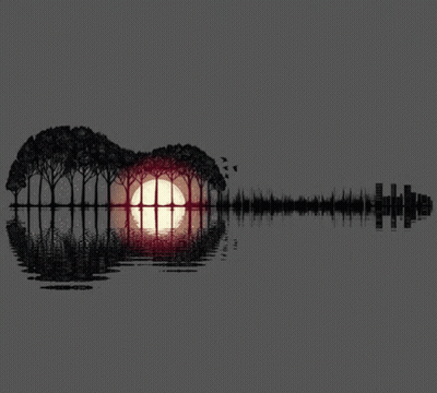 A Drawing Of A Guitar With Trees And The Sun Reflected In It GIF