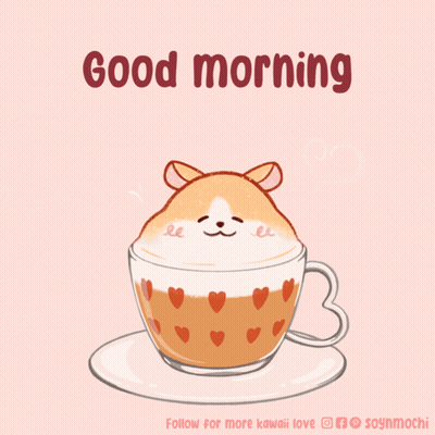 A Drawing Of A Hamster In A Cup Of Coffee With The Words " Good Morning " Below It GIF