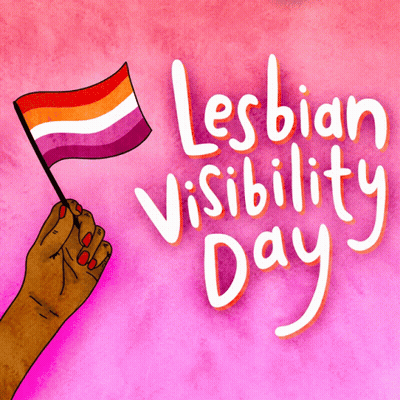 A Drawing Of A Hand Holding A Flag And The Words Lesbian Visibility Day Below It GIF