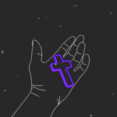 A Drawing Of A Hand Holding A Purple Cross With A Star In The Background GIF