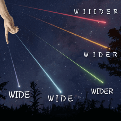 A Drawing Of A Hand Pointing At A Rainbow Of Shooting Stars With The Words " Wide " And " Wider " Below It GIF