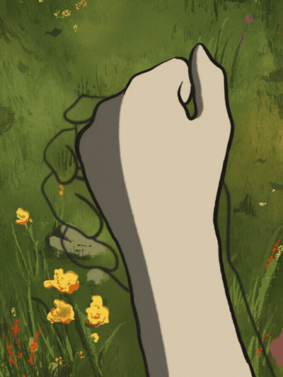 A Drawing Of A Hand Reaching Out Towards A Field Of Yellow Flowers GIF