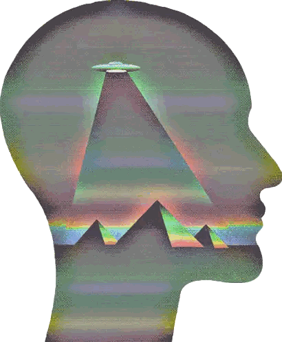 A Drawing Of A Head With Pyramids And A Flying Saucer In The Background Sticker