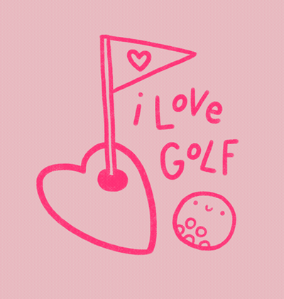 A Drawing Of A Heart Shaped Golf Ball And Flag That Says " I Love Golf " GIF