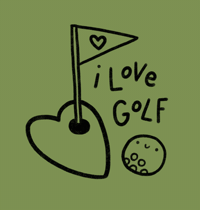 A Drawing Of A Heart Shaped Golf Ball With The Words " I Love Golf " GIF