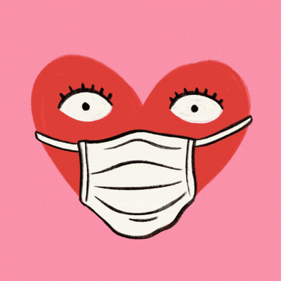 A Drawing Of A Heart Wearing A Face Mask On A Pink Background GIF