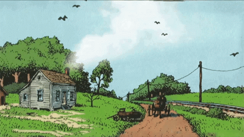 A Drawing Of A Horse Drawn Carriage Going Down A Dirt Road Near A House GIF