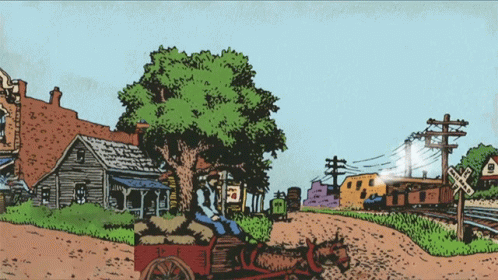 A Drawing Of A Horse Drawn Carriage In Front Of A Railroad Crossing With A Sign That Says ' A ' GIF