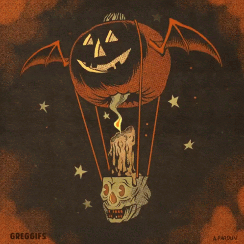 A Drawing Of A Hot Air Balloon With A Pumpkin And A Skull On It By Greggifs GIF