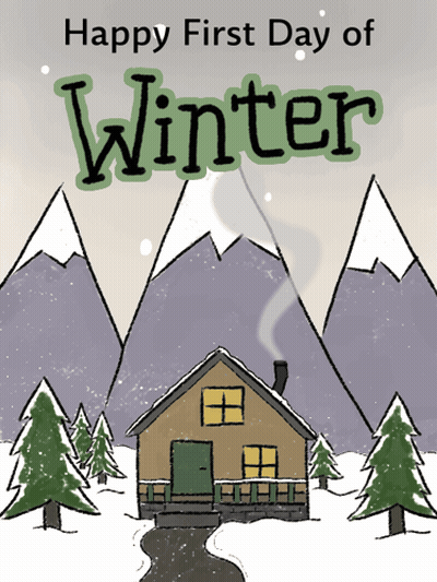 A Drawing Of A House In The Snow With The Words Happy First Day Of Winter Above It GIF