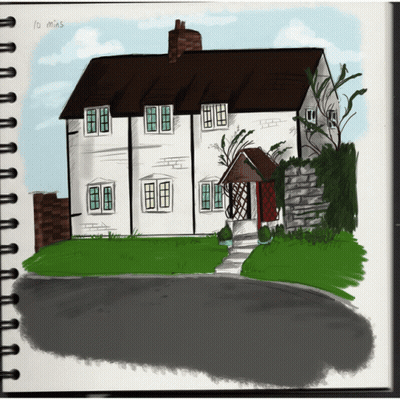 A Drawing Of A House With The Words " 10 Mins " On The Bottom GIF