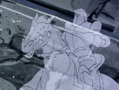 A Drawing Of A Knight On A Horse With A Sword . GIF