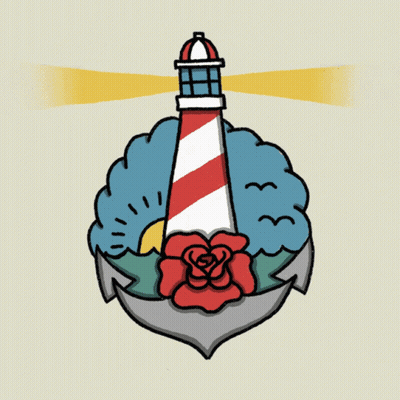 a drawing of a lighthouse and an anchor with a rose in the middle