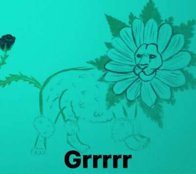 A Drawing Of A Lion With A Flower On Its Head And The Word Grrrr Below It GIF