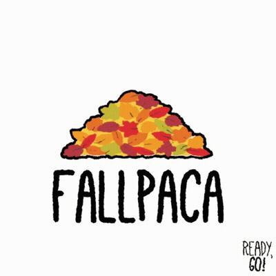 A Drawing Of A Llama Next To A Pile Of Leaves With The Words Fallpaca Below It GIF