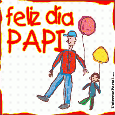 A Drawing Of A Man And A Boy Holding Balloons That Says Feliz Dia Papi Te Quiero Muuucho GIF