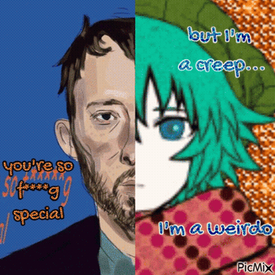 A Drawing Of A Man And A Girl With The Words But I 'M A Creep Written On It GIF