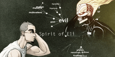 A Drawing Of A Man And A Robot With The Words Spirit Of Eli Written On The Bottom GIF