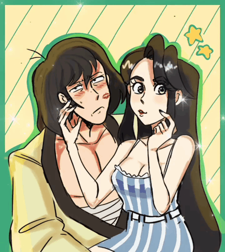 A Drawing Of A Man And A Woman With A Green And Yellow Background GIF
