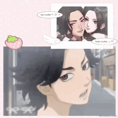 A Drawing Of A Man And A Woman With A Strawberry In The Background GIF
