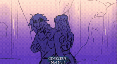 A Drawing Of A Man And A Woman With The Words Odysseus No No Written Below Them GIF