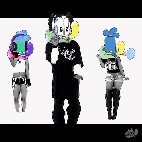 A Drawing Of A Man And Two Women With Cartoon Characters On Their Heads And The Word Jesus On Their Shirt GIF