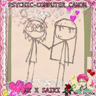 A Drawing Of A Man And Woman Holding Hands With The Words Ai X Saiki Above Them GIF