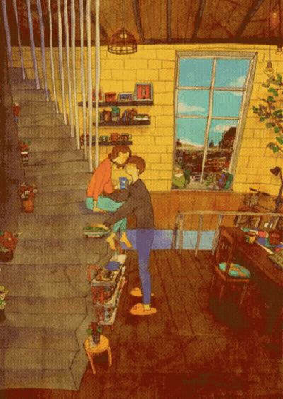 A Drawing Of A Man And Woman Hugging In A Room With A Window GIF
