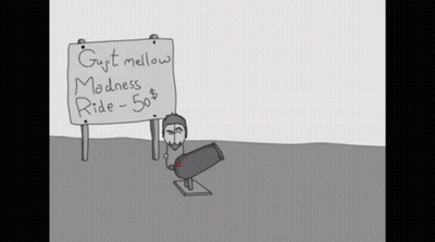 A Drawing Of A Man Holding A Cannon Next To A Sign That Says 50 Cents GIF
