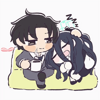 A Drawing Of A Man Holding A Cup Of Coffee And A Woman Sleeping Next To Him GIF