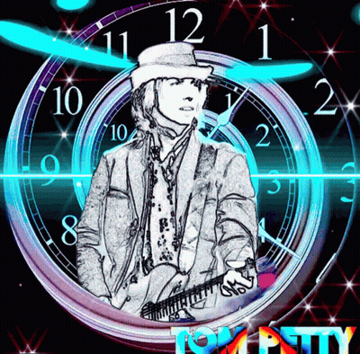 A Drawing Of A Man Holding A Guitar In Front Of A Clock That Says ' Tom Petty ' On It GIF